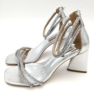 Badgley Mischka Lillie Women's Crystal Dual-Strapped Block Heels Sliver Size 7